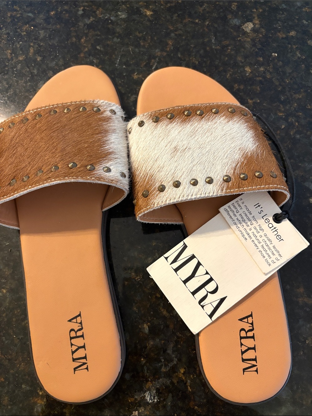Myra Bag Tan and White Haircalf Slide Sandals with Stud Trim